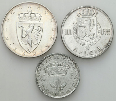 Zestaw srebrnych monet – Norwegia + Belgia- 3 szt