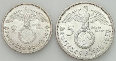 Niemcy. 5 marek + 2 marki 1939 Hindenburg – PIĘKNE