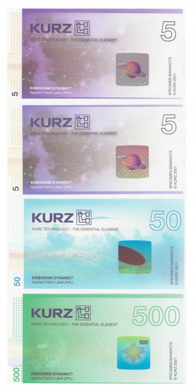 KURZ KINEGRAM zestaw 4 banknotów 5, 50, 500