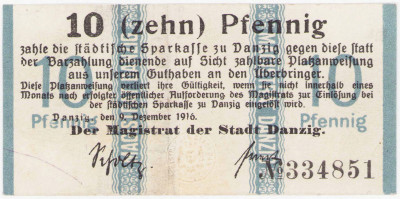 Gdańsk - Magistrat banknot 10 fenigów 1916