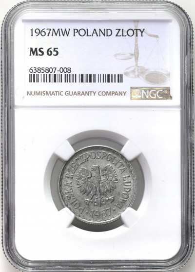 1 złoty 1967 aluminium NGC MS65 - RZADSZY ROCZNIK