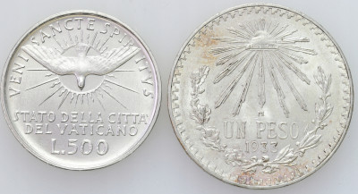 Meksyk 1 Peso 1933 + Watykan 500 lirów 1958 Zestaw