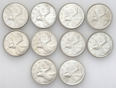 Kanada. 25 centów 1948-1968, 10 szt., SREBRO