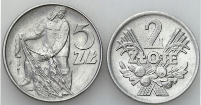 PRL. 5 złotych Rybak 1973 + 2 złote Jagody 1974