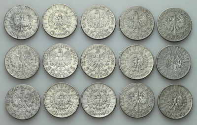 II RP. 5 złotych 1932 – 1936, zestaw 15 monet