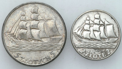ŻAGLOWIEC 5 złotych + 2 złote 1936 – 2 sztuki