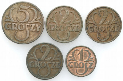 Zestaw monet groszowych 1, 2 , 5 groszy - 5 szt