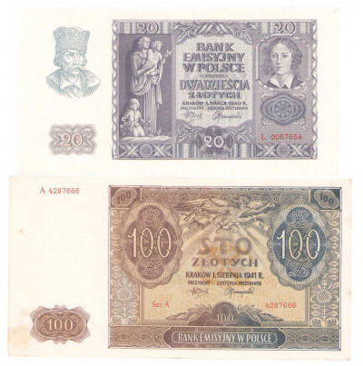 20 złotych 1940 seria L i 100 złotych 1941 seria A
