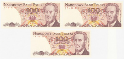 100 złotych 1986, seria SA, 3 szt.
