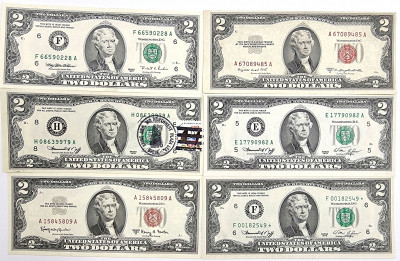 USA. 2 dolary 1953-1995, zestaw 6 sztuk