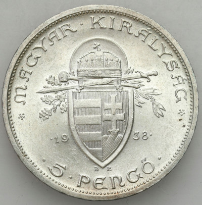 Węgry 5 Pengo 1938 Św. Stefan - SREBRO