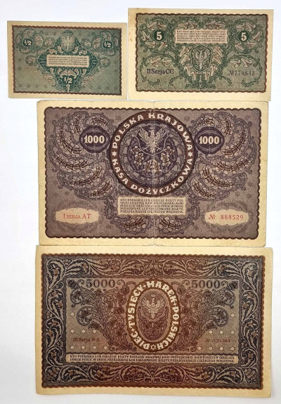4 szt od 1/2 do 5000 marek polskich 1919-20 roku.