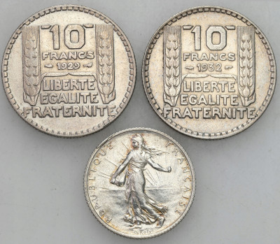 Francja. 1 i 10 franków 1919-1932, 3 szt.