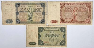 20, 100 i 500 złotych 1947 zestaw 3 sztuk.