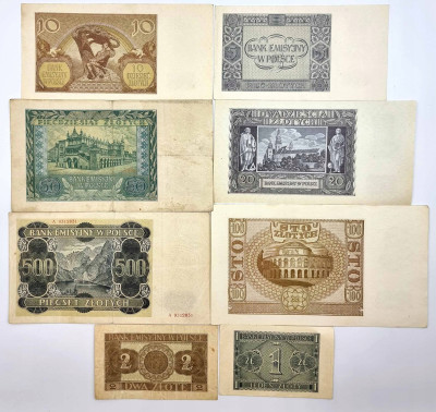 1-500 złotych 1940-1941 zestaw 8 sztuk.