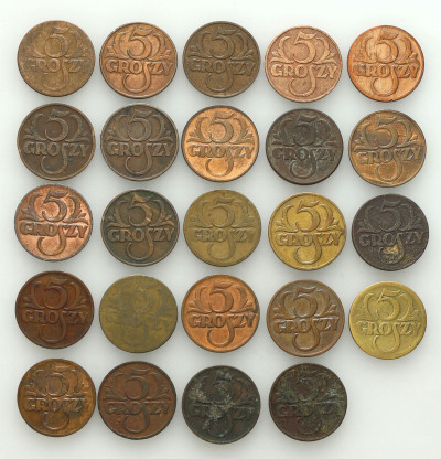 II RP. Zestaw monet 5 groszy RÓŻNE - 24 monety