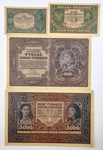 4 szt od 1/2 do 5000 marek polskich 1919-20 roku.