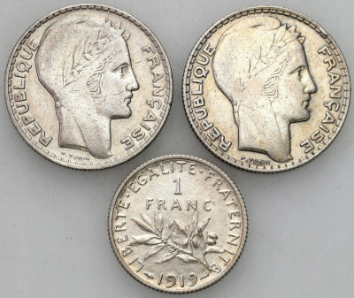 Francja. 1 i 10 franków 1919-1932, 3 szt.