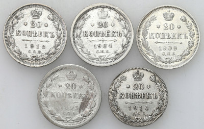 Rosja, 20 kopiejek 1893-1914, 5 szt.