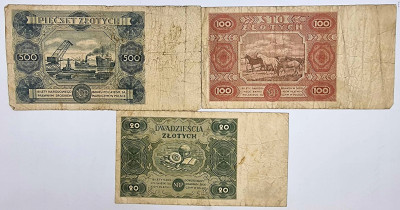 20, 100 i 500 złotych 1947 zestaw 3 sztuk.