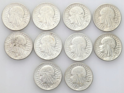 5 złotych 1933-1934 głowa kobiety, zestaw 10 sztuk
