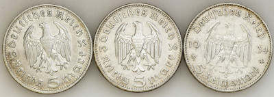 Niemcy. 5 Marek Hindenburg 1934-1936 zestaw 3szt