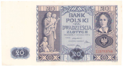 II RP. Banknot 20 zł 1936, seria CJ – BARDZO ŁADNY