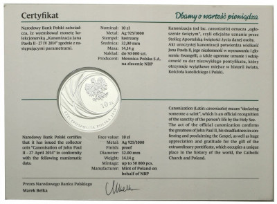10 złotych 2014 Kanonizacja Jana Pawła II - SREBRO