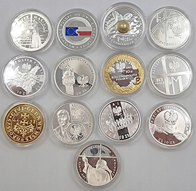 Zestaw 14 monet 10 złotych RÓŻNE lata SREBRO