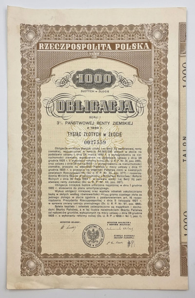 Obligacja 3% Renty Złotej 1933 - 1000 zł w złocie