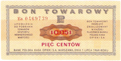 Pewex. Bon 5 centów 1969 – Ea - RZADKI