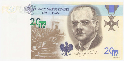 PWPW Banknot testowy Ignacy Matuszewski 2016