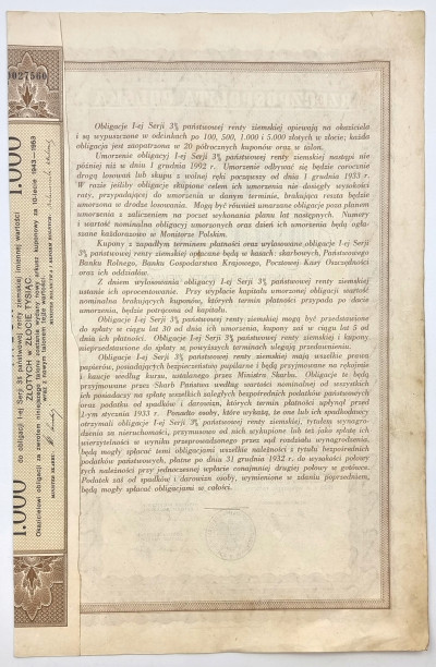 Obligacja 3% Renty Złotej 1933 - 1000 zł w złocie