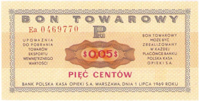 Pewex. Bon 5 centów 1969 – Ea – PIĘKNE (UNC)