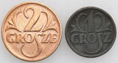 II RP 1 grosz 1939 i 2 grosze 1937, zestaw 2 sztuk