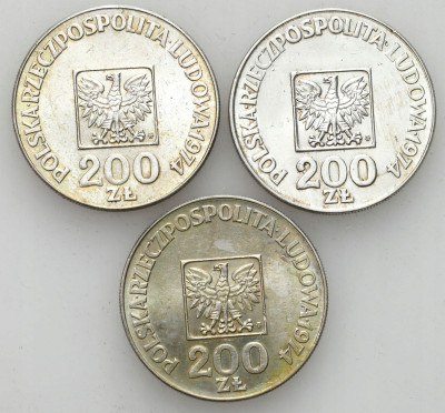 200 złotych 1974 XXX lat PRL – SREBRO – 3 sztuki