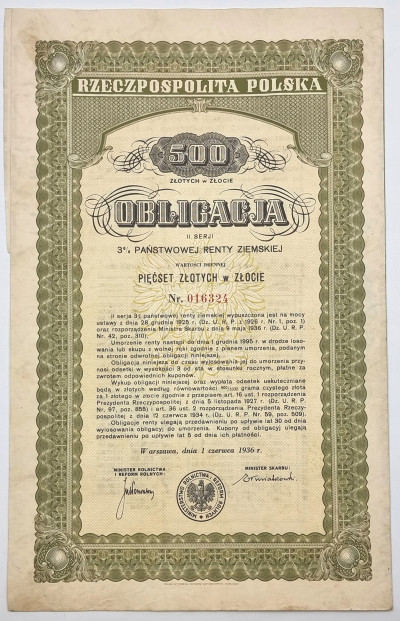 Obligacja 500 złotych 1936 renta ziemska