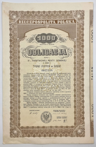 Obligacja 3% Renty Złotej 1933 - 1000 zł. w złocie