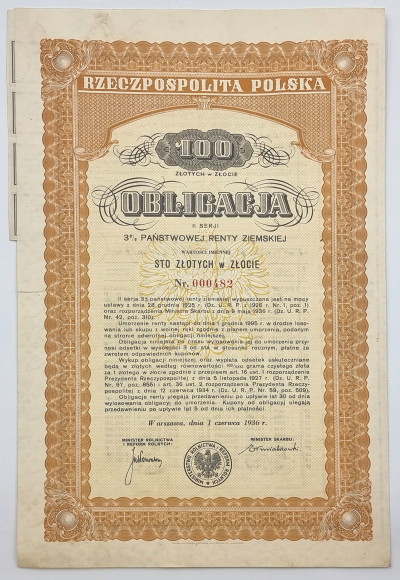 Obligacja 100 złotych 1936 renta ziemska