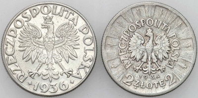 2 złote 1934 i 1936 Żaglowiec, Piłsudski - 2 szt