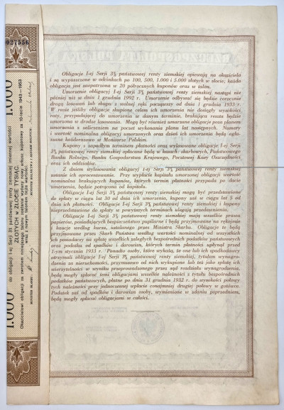 Obligacja 3% Renty Złotej 1933 - 1000 zł w złocie