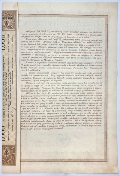 Obligacja 3% Renty Złotej 1933 - 1000 zł w złocie