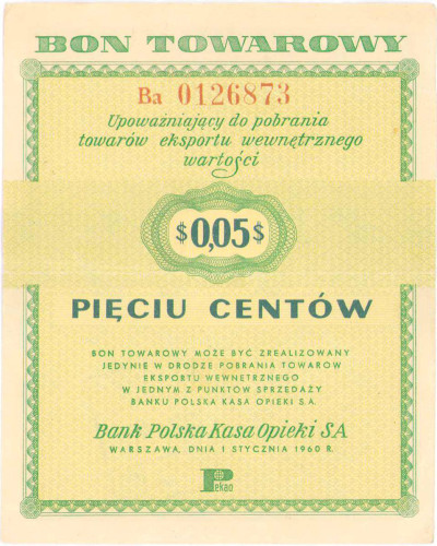 Pewex Bon 5 centów 1960 - Ba -bez klauzuli-RZADSZE