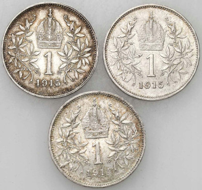 Austria, 1 korona 1914-1915 – SREBRO 3 szt.