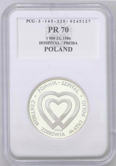 PRÓBA SREBRO 1000 złotych 1986 Szpital - PCG PR70