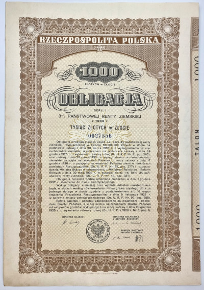 Obligacja 3% Renty Złotej 1933 - 1000 zł w złocie