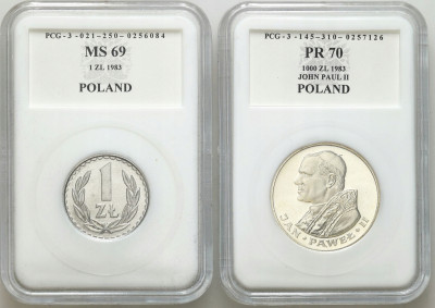 1 złoty 1983 MS69 + 1000 złotych 1983 PR70 zestaw