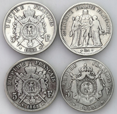 Francja 5 franków 1848 1855 2 x 1868 zestaw 4 szt.
