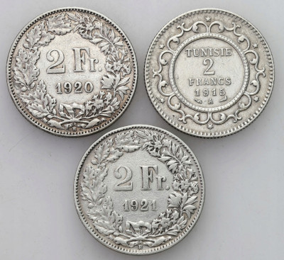 Szwajcaria Tunezja 2 franki 1915-1921 SREBRO 3 szt