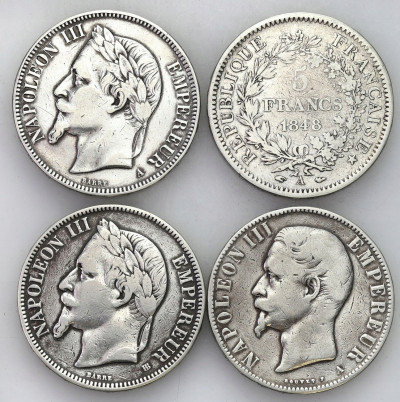 Francja 5 franków 1848 1855 2 x 1868 zestaw 4 szt.